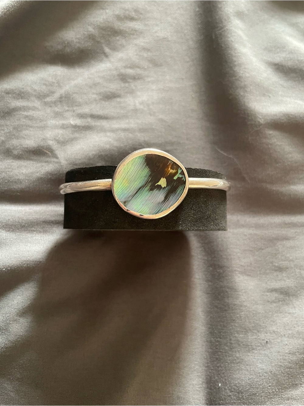 Silver Cuff Bracelet with Iridescent Abalone Disc by Intertidal Jewelry